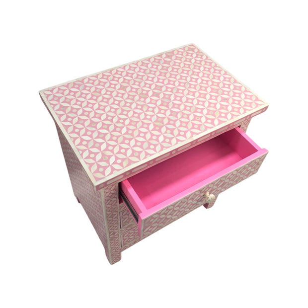 Bone Inlay Large Bedside Table 3 Draw - Candy Pink Geometric