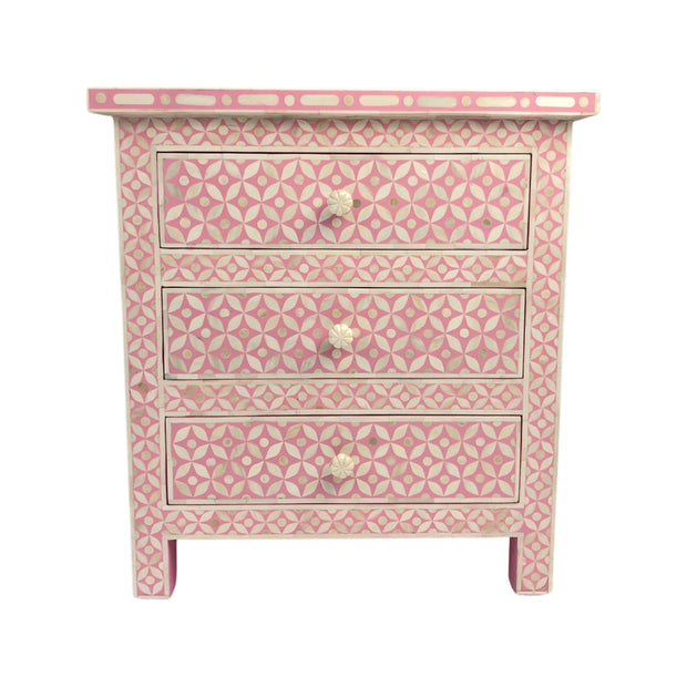 Bone Inlay Large Bedside Table 3 Draw - Candy Pink Geometric
