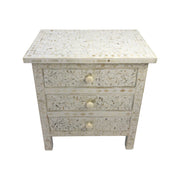 Bone Inlay Large Bedside Table 3 Draw - White Floral