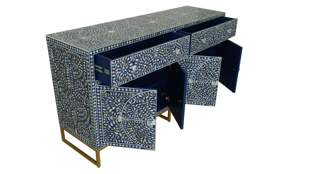Mother of Pearl Inlay Buffet / Chest of Drawers -Indigo Blue Floral Scroll