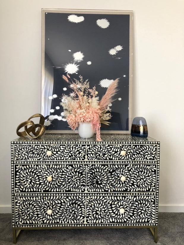 Bone Inlay 3 Drawer Chest of Drawers - Black Floral - Abacus and Hunt