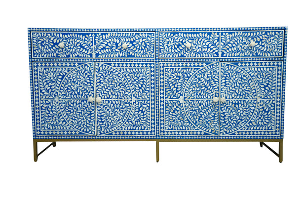 Bone Inlay Buffet Chest of Drawers - Royal Blue Floral Scroll
