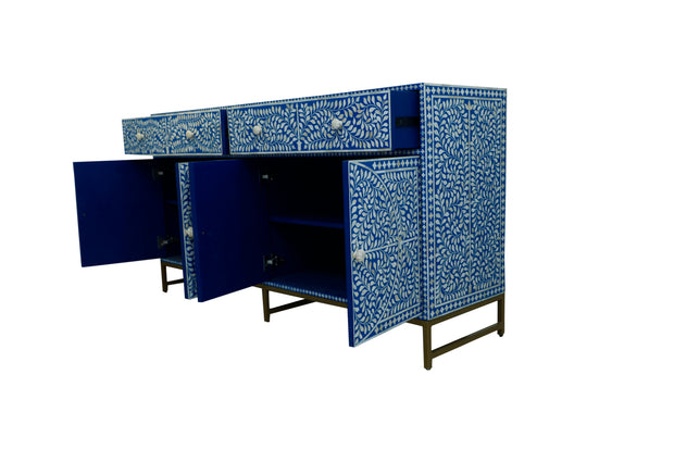 Bone Inlay Buffet Chest of Drawers - Royal Blue Floral Scroll