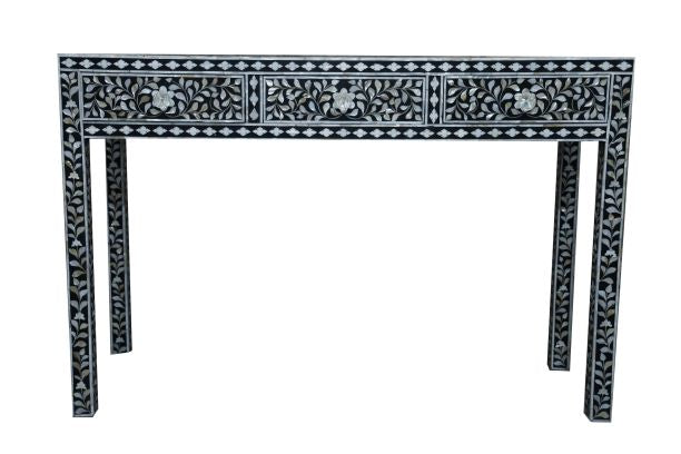 Mother of Pearl Inlay 3 Drawer Hall Table or Side Table - Black Floral - Abacus and Hunt