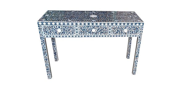 Mother of Pearl Inlay 3 Drawer Hall Table or Side Table - Indigo Blue Floral - Abacus and Hunt