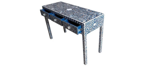 Mother of Pearl Inlay 3 Drawer Hall Table or Side Table - Indigo Blue Floral - Abacus and Hunt