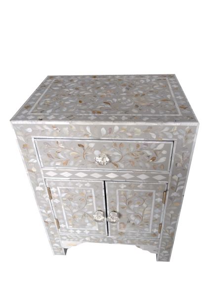 Mother of Pearl Inlay Bedside Table - Grey - Abacus and Hunt