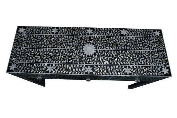 Mother of Pearl Inlay 3 Drawer Hall Table or Side Table - Black Floral - Abacus and Hunt