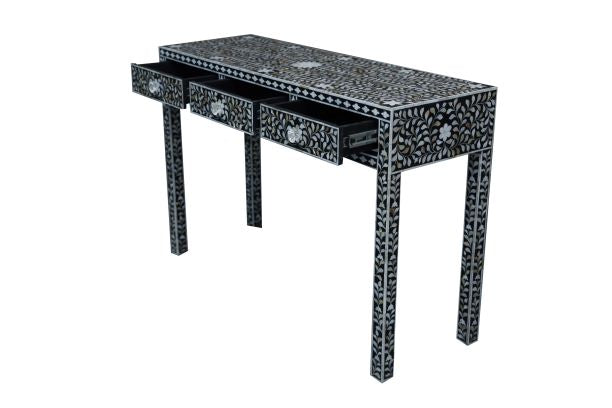 Mother of Pearl Inlay 3 Drawer Hall Table or Side Table - Black Floral - Abacus and Hunt