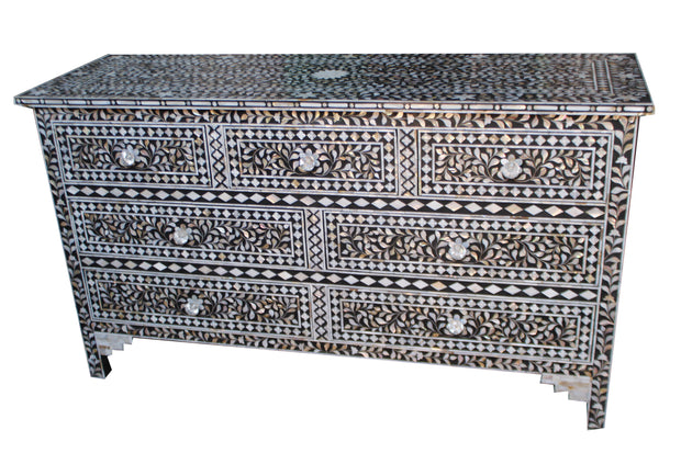 Mother of Pearl Inlay 7 Drawer Chest of Drawers - Black Floral - Abacus and Hunt