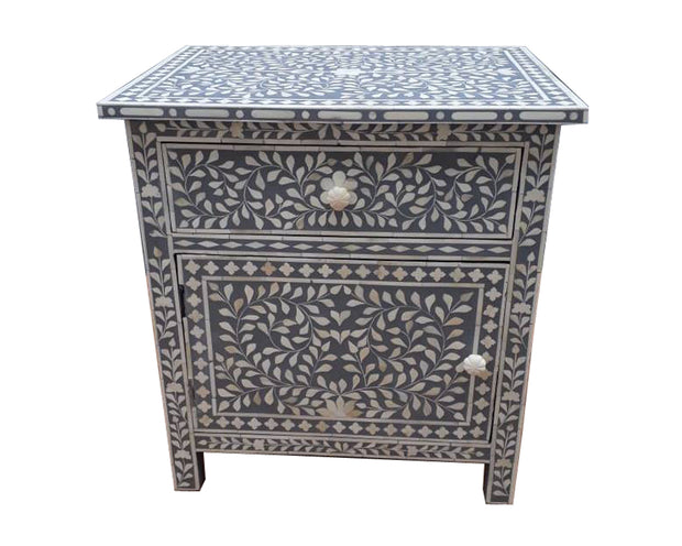 Bone Inlay Large  Bedside Table - Grey Floral - Abacus and Hunt Melbourne | Unique Furniture