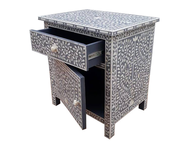 Bone Inlay Large  Bedside Table - Grey Floral - Abacus and Hunt Melbourne | Unique Furniture