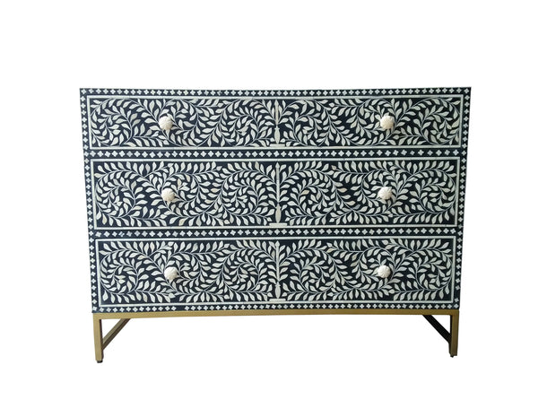 Bone Inlay 3 Drawer Chest of Drawers - Dark Navy Blue Floral - Abacus and Hunt