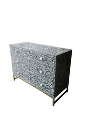 Bone Inlay 3 Drawer Chest of Drawers - Dark Navy Blue Floral - Abacus and Hunt