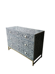 Bone Inlay 3 Drawer Chest of Drawers - Dark Navy Blue Floral - Abacus and Hunt