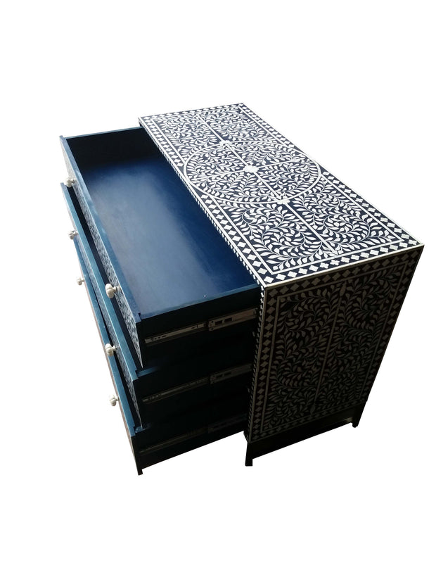 Bone Inlay 3 Drawer Chest of Drawers - Dark Navy Blue Floral - Abacus and Hunt