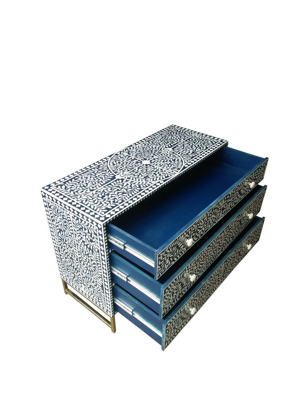 Bone Inlay 3 Drawer Chest of Drawers - Dark Navy Blue Floral - Abacus and Hunt