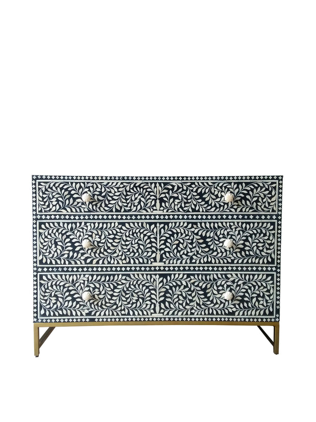 Bone Inlay 3 Drawer Chest of Drawers - Dark Navy Blue Floral - Abacus and Hunt