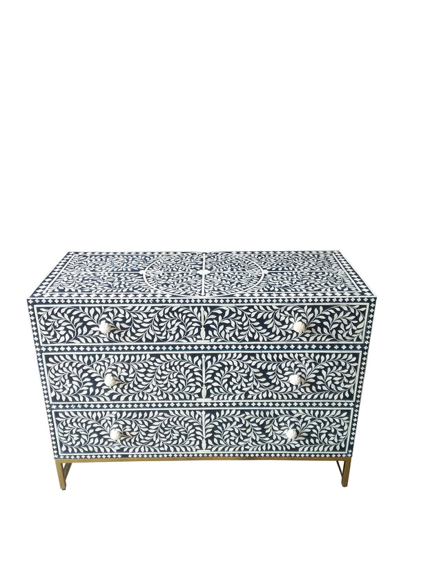 Bone Inlay 3 Drawer Chest of Drawers - Dark Navy Blue Floral - Abacus and Hunt