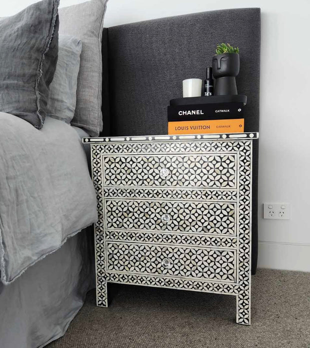 Bone Inlay Large 3 Drawer Bedside Table - Black Geometric - Abacus and Hunt