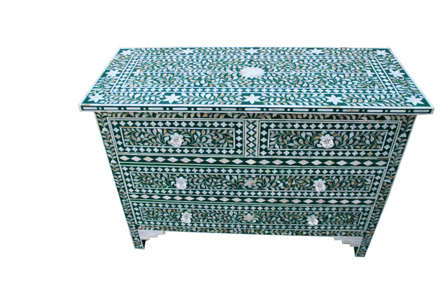 Mother of Pearl Inlay 4 Drawer Chest of Drawers - Emerald Green Floral - Abacus and Hunt Melbourne | Unique Furniture
