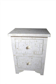 Bone Inlay Bedside Table with 2 Drawers - White Floral - Abacus and Hunt Melbourne | Unique Furniture