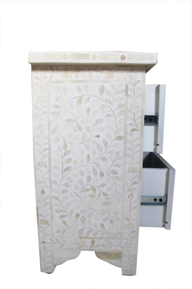 Bone Inlay Bedside Table with 2 Drawers - White Floral - Abacus and Hunt Melbourne | Unique Furniture