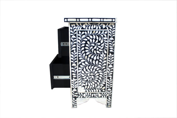 Bone Inlay Bedside Table with 2 Drawers -  Black Floral - Abacus and Hunt Melbourne | Unique Furniture