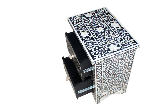 Bone Inlay Bedside Table with 2 Drawers -  Black Floral - Abacus and Hunt Melbourne | Unique Furniture