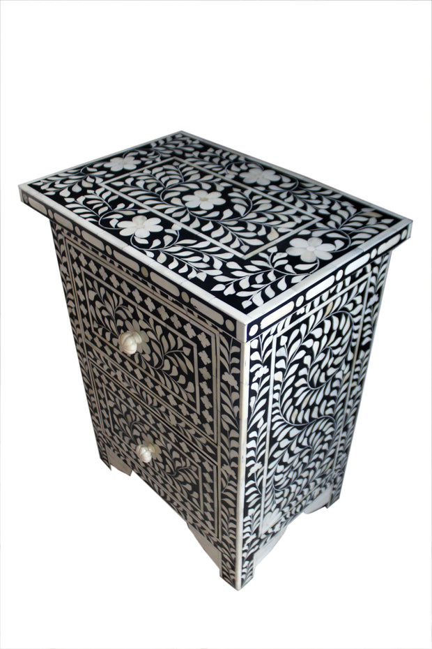 Bone Inlay Bedside Table with 2 Drawers -  Black Floral - Abacus and Hunt Melbourne | Unique Furniture