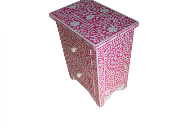 Bone Inlay Bedside Table with 2 Drawers - Deep Pink Floral - Abacus and Hunt Melbourne | Unique Furniture