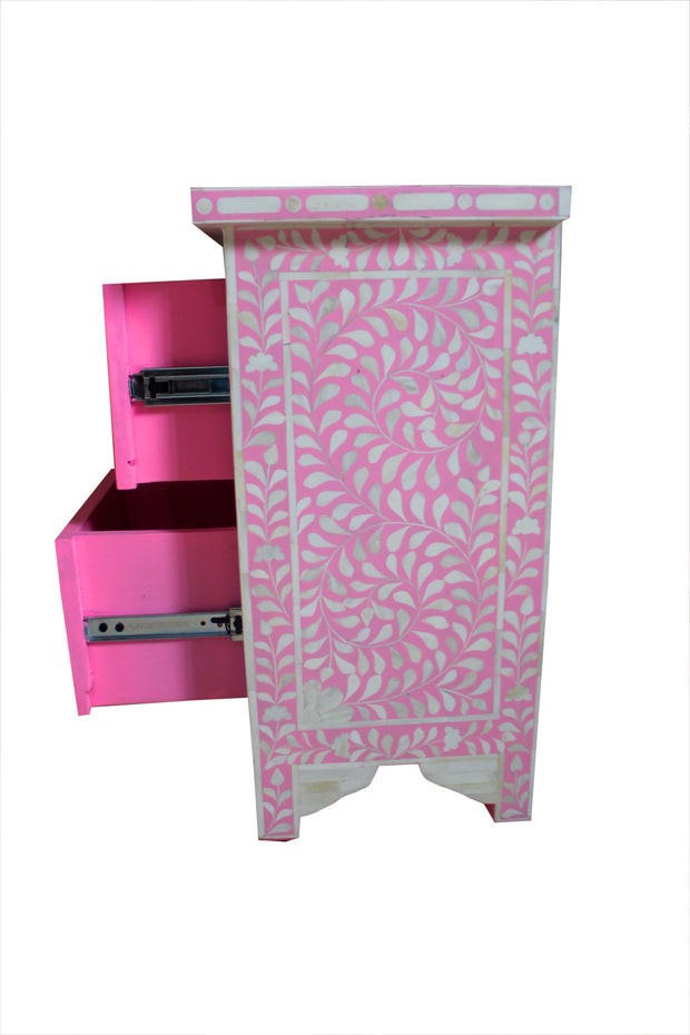 Bone Inlay Bedside Table with 2 Drawers - Candy Pink Floral - Abacus and Hunt Melbourne | Unique Furniture