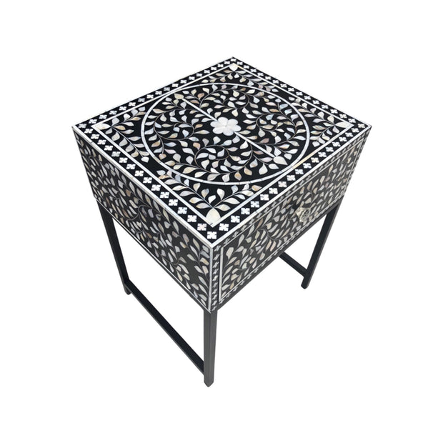 1 Drawer Bedside Table - Pearl Inlay - Black Floral - Black Frame