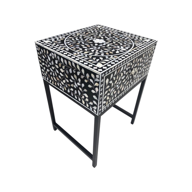 1 Drawer Bedside Table - Pearl Inlay - Black Floral - Black Frame