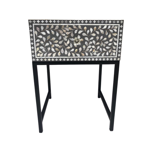 1 Drawer Bedside Table - Pearl Inlay - Grey Floral - Black Frame