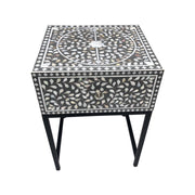 1 Drawer Bedside Table - Mother of Pearl Inlay - Grey Floral - Black Frame