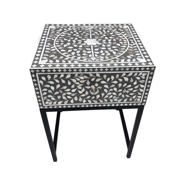 1 Drawer Bedside Table - Mother of Pearl Inlay - Grey Floral - Black Frame