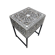 1 Drawer Bedside Table - Mother of Pearl Inlay - Grey Floral - Black Frame