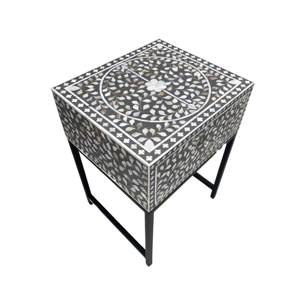 1 Drawer Bedside Table - Mother of Pearl Inlay - Grey Floral - Black Frame
