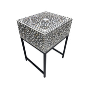 1 Drawer Bedside Table - Mother of Pearl Inlay - Grey Floral - Black Frame