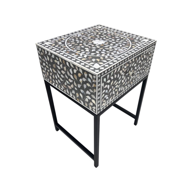 1 Drawer Bedside Table - Mother of Pearl Inlay - Grey Floral - Black Frame