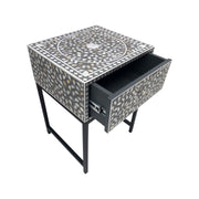 1 Drawer Bedside Table - Mother of Pearl Inlay - Grey Floral - Black Frame