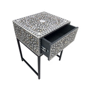 1 Drawer Bedside Table - Pearl Inlay - Grey Floral - Black Frame