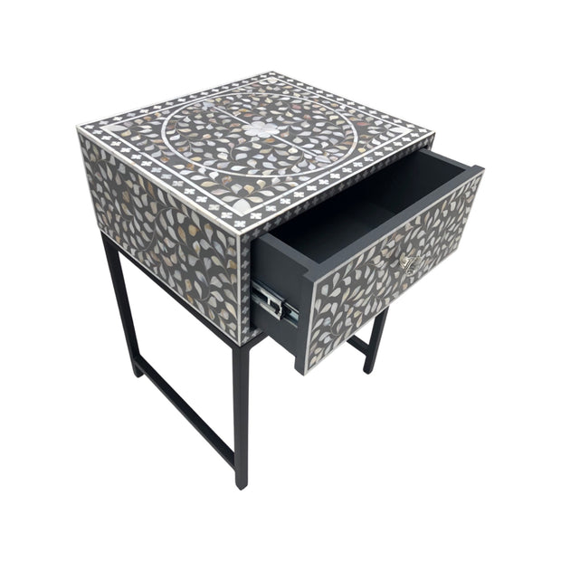 1 Drawer Bedside Table - Mother of Pearl Inlay - Grey Floral - Black Frame