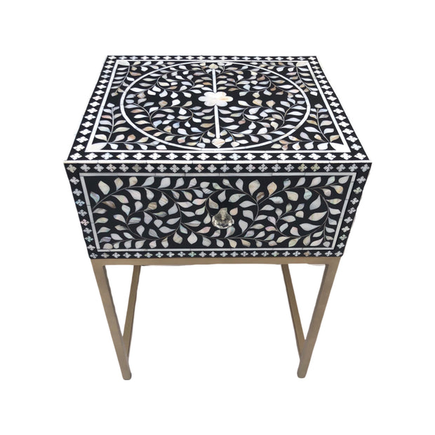 1 Drawer Bedside Table - Pearl Inlay - Black Floral - Gold Frame