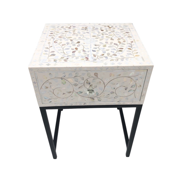 1 Drawer Bedside Table - Pearl Inlay - White Floral - Black Frame