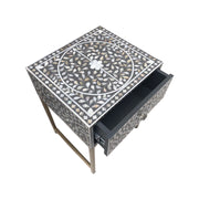 1 Drawer Bedside Table - Pearl Inlay - Grey Floral - Gold Frame