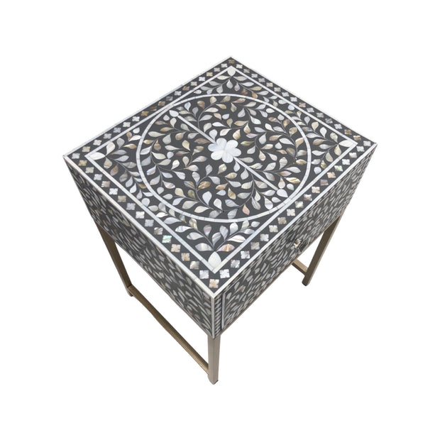 1 Drawer Bedside Table - Pearl Inlay - Grey Floral - Gold Frame